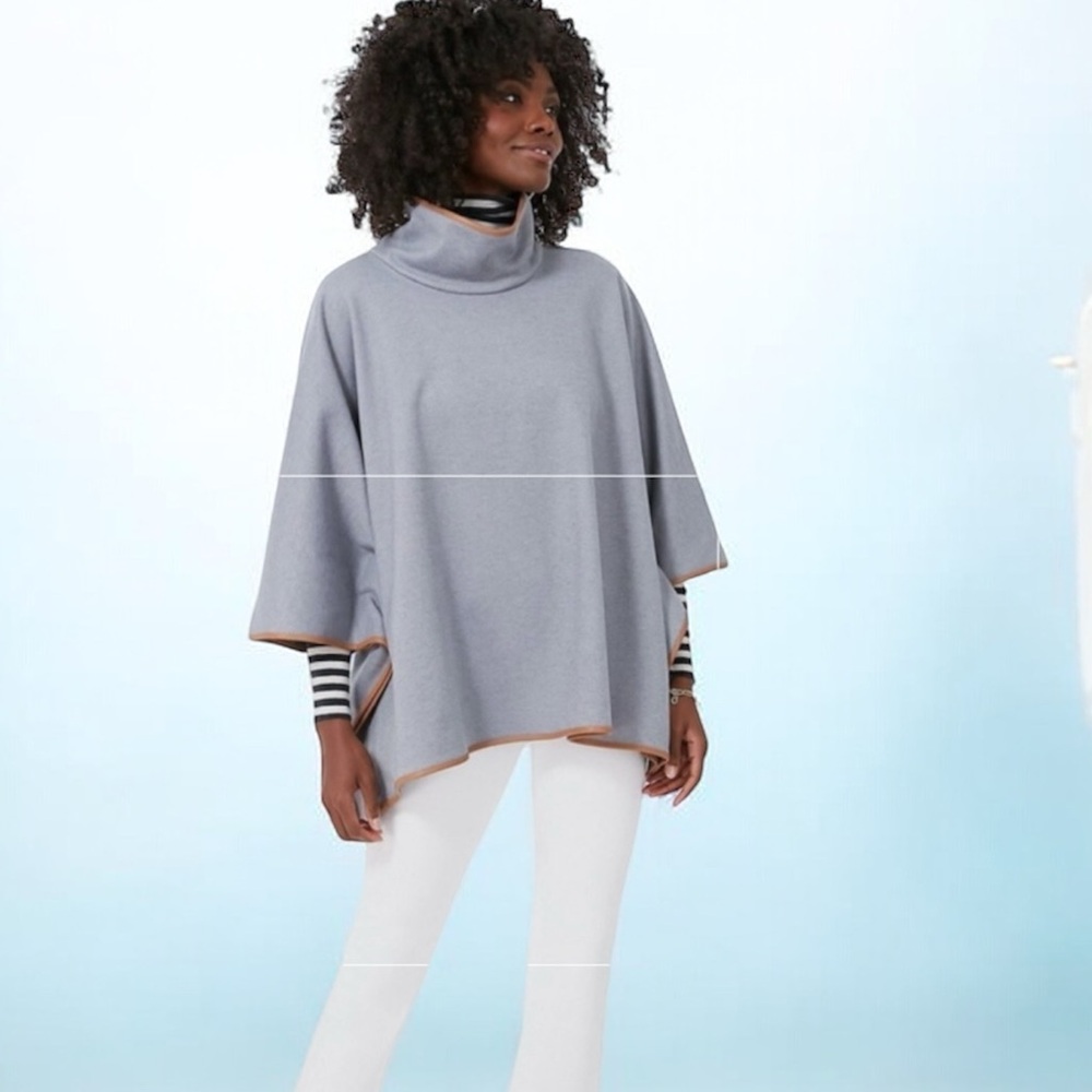 Tuckernuck Blue Piper Poncho Funnel Neck OS Leather Trim